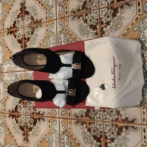 Salvatore Ferragamo Black Pellas  T-Strap Bow